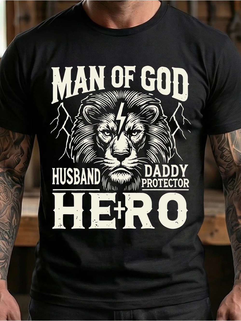 Man of God Lion Graphic Tee - Black with Cream Print